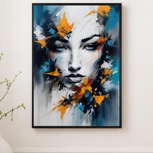 Retrato femenino abstracto y llamativo, arte digital para pared, arte imprimible con rostros emotivos modernos, póster de mujer con salpicaduras de pintura, decoración de pared contemporánea