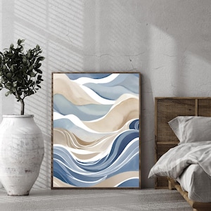 Coastal Abstract Wall Art | Beach Waves Digital Download | Neutral Blue Beige Minimalist Decor | Ocean-Inspired Modern Art Print