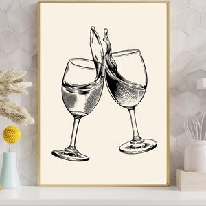 Wine Toast Line Art Print: Minimalist Kitchen Bar Decor (Digital Download)