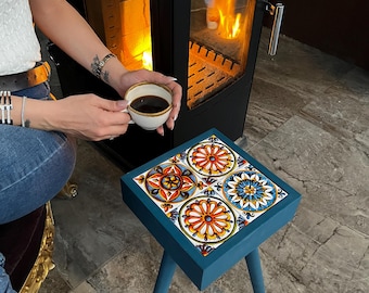 Handmade Glazed Ceramic Coffee Table: Boho Mosaic Tile Side Table