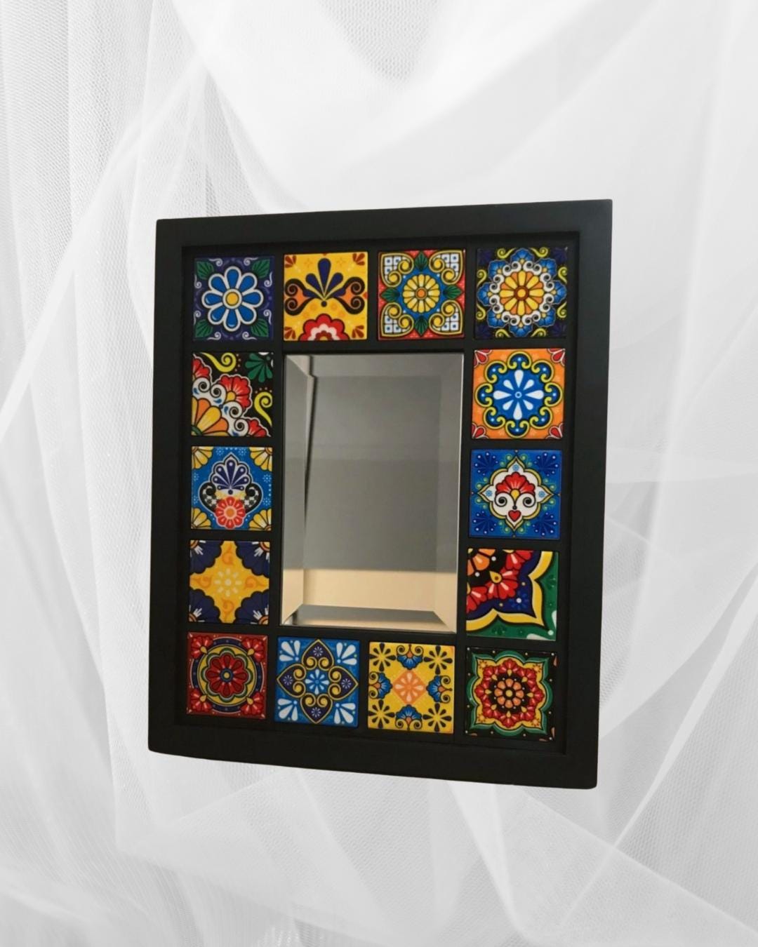 Handmade Talavera Tile Mirror: Boho Ceramic Wood Wall Art (25x30 Cm)