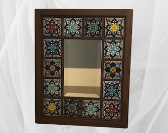 Handmade Talavera Tile Mirror: Boho Wood Wall Decor (25x30 Cm)