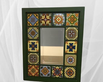 Handmade Colorful Tile Mirror | 25x30 cm Ceramic and Wood Wall Mirror emerald series