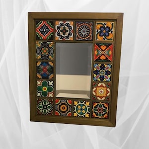 Ceramic and Wooden Mirror | 25x30 cm I Wall Mirror I Mexican Tile Mirror I Traditional Ethnic Style I Rustic glow Series