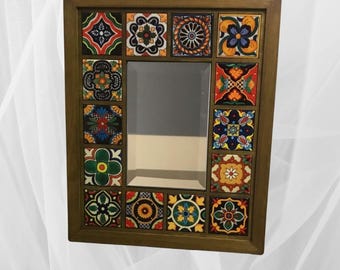 Handmade Ceramic Tile Mirror: Mexican Talavera Style Wood Frame (25x30 cm)