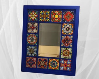 Handmade Mexican Talavera Tile Mirror: Bohemian Art Deco Decor