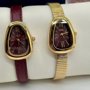 Orologio da donna in stile vintage - Cassa in oro, cinturino in pelle bordeaux, design classico ed elegante, orologio da donna minimalista,