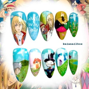 Howl&#39;s Moving Castle Press On Nails: Hand-Painted Anime Nail Art