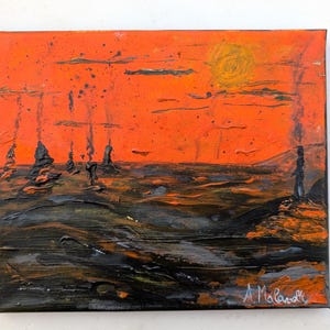 Horizon de braise - peinture abstraite symbolique, esprit ardent, fumée et survie, petite toile d'art, art mural acrylique original 8 x 10