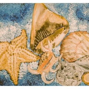 Aquarelle, coquillages – affiche A4 imprimable colorée et carte pliable | Téléchargement numérique PDF - JPG