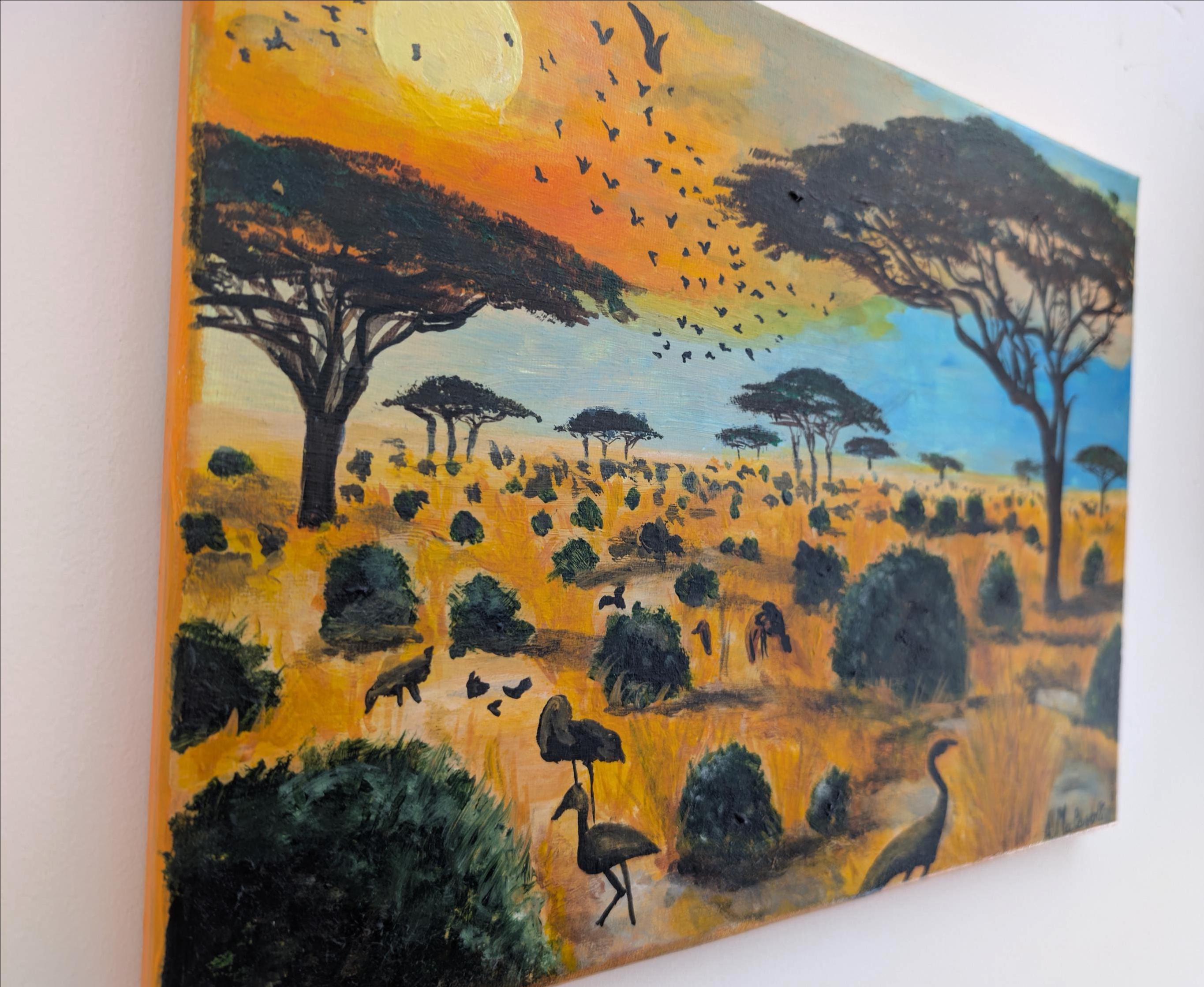 アフリカのサバンナの夕日の絵画：野生動物アート、A3キャンバス