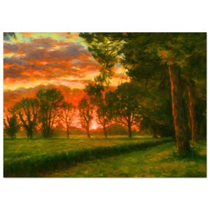Cuadro de atardecer en el campo, póster clásico de papel semibrillante, arte rústico, impresionismo.