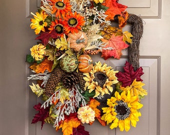 Fall Wreath for Front Door, Sunflower Wreath, Front Door Wreath Fall, Porch Decor, Fall Wreaths, Farmhouse Wreath, Outdoor Wreath