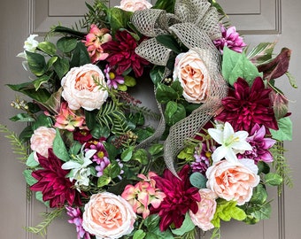 Summer Wreath, Spring Wreath for Front Door, Front Door Wreath Summer, Porch Decor, Summer Wreaths, Rose Wreath