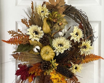 Fall Wreath for Front Door, Mum Wreath, Front Door Wreath Fall, Porch Decor, Fall Wreaths, Farmhouse Wreath, Outdoor Wreath