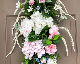 Spring Door Decor, Wedding Swag, Wedding Floral, Wedding Centerpiece, Spring Wreath Hydrangea, White & Pink Aisle Flowers, Front Door Decor