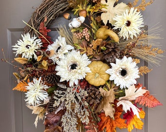 Fall Wreath for Front Door, Mum Wreath, Front Door Wreath Fall, Porch Decor, Fall Wreaths, Farmhouse Wreath, Outdoor Wreath