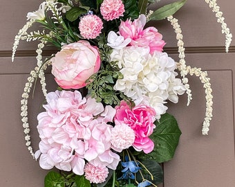 Spring Door Decor, Wedding Swag, Wedding Floral, Wedding Centerpiece, Spring Wreath Hydrangea, White & Pink Aisle Flowers, Front Door Decor