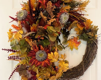 Fall Wreath, Fall Door Wreath, Farmhouse Fall Wreath, Sunflower Wreath, Front Door Decor, Autumn Wreath, Wreath for Front Door