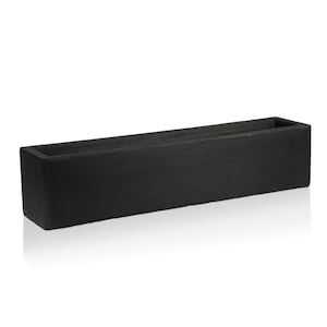 May include: A rectangular, black planter box. The planter is made of a solid, dark material and has a simple, modern design. The interior is open, ready for plants. The planter is approximately 61 cm long.