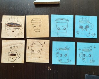 Hand Drawn & Burned Wooden Coaster Set (4)