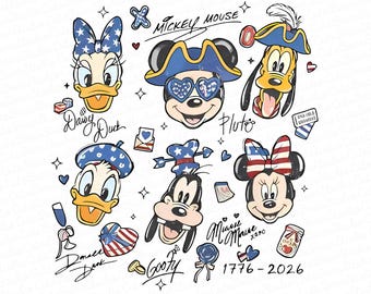 Retro USA 250th Anniversary Mickey & Friends PNG, Disney 4th of July Png, Patriotic Disney Gifts, Disneyland Independence Day Family Png