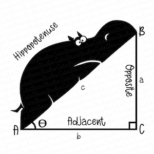 May include: A black and white illustration of a right triangle with a hippopotamus as the hypotenuse. The sides of the triangle are labeled 'opposite', 'adjacent', and 'hypotenuse'. The angles are labeled 'A', 'B', 'C', and 'θ'.