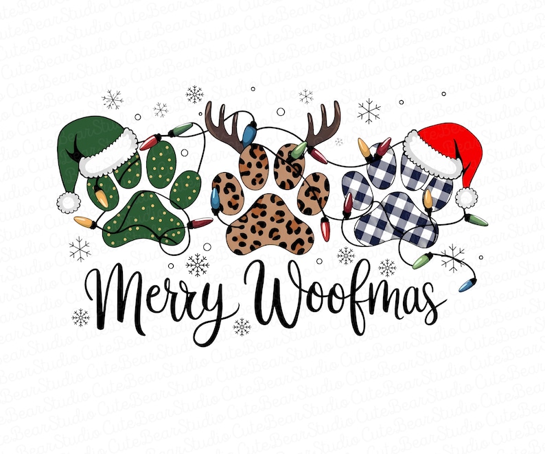 May include: A festive graphic with paw prints, antlers, and Santa hats, strung with Christmas lights. The text "Merry Woofmas" is written in a script font, surrounded by snowflakes. The paw prints have various patterns.