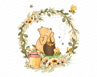 Honingbeer aquarel digitale clipart, beer met honingpot png, honingbeer png, cartoonbeer png, honingbij sublimatie, Instant Download