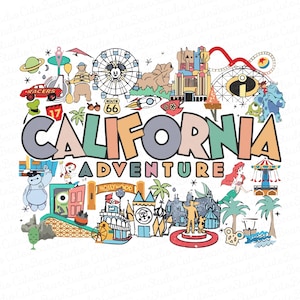 Może przedstawiać: Kolorowa ilustracja różnych postaci Disneya i atrakcji z parku rozrywki California Adventure. Tekst "CALIFORNIA ADVENTURE" znajduje się w centrum obrazu.