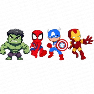 Könnte beinhalten: Vier Cartoon-Superhelden: Hulk, Spider-Man, Captain America und Iron Man. Hulk ist grün und muskulös, Spider-Man ist rot und blau, Captain America ist in Blau mit einem Schild, und Iron Man ist rot und gold.