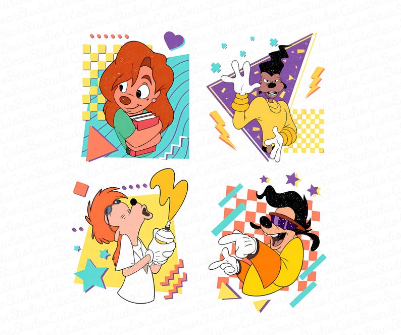 May include: Four cartoon characters in a 90s style design.  The characters are Goofy, Max, and two versions of Pete.  The characters are in different poses and have different backgrounds.