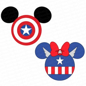 May include: Two Mickey Mouse-shaped designs. One features a red and white shield with a star, the other has a blue design with a red bow, wings, and a star. The letter "A" is in the bow.