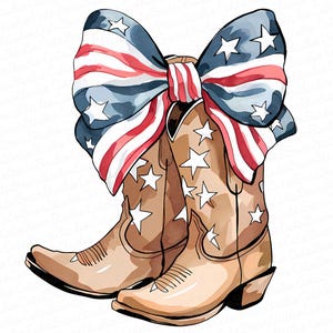 Op de afbeelding: Waterverfillustratie van bruine cowboylaarzen met witte sterren en een grote strik met het ontwerp van de Amerikaanse vlag. De laarzen hebben een puntige neus en een kleine hak.