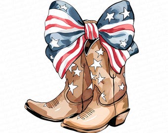 Patriotic Coquette Cowgirl Boots Png, Preppy 4th of July Western Png, American Flag Bow Shirt Design, Red White Blue USA Sublimation