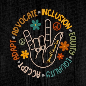 Puede incluir: Un gráfico colorido con un signo de mano que representa la aceptación, la inclusión, la equidad y la defensa. El gráfico incluye las palabras "ACCEPT", "EQUALITY", "EQUITY", "INCLUSION", "ADVOCATE" y "ADAPT".