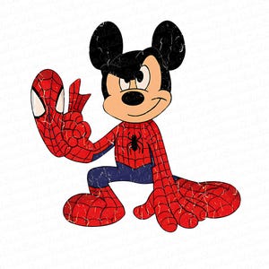 May include: A cartoon illustration of Mickey Mouse dressed as Spider-Man. Mickey is wearing a red and blue Spider-Man suit with a black spider logo on the chest. He is standing with his arms outstretched, and his hands are in a web-shooting pose.