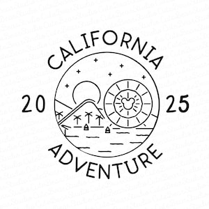 May include: Black and white line art illustration of a California adventure logo with the text "California Adventure 20 25" and a stylized image of a sunset, palm trees, and a Mickey Mouse head.
