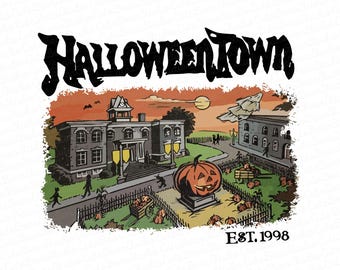 May include: A Halloween-themed illustration featuring the text "Halloweentown" in a spooky font. The image depicts a town scene with buildings, a jack-o'-lantern, and the text "EST. 1998". The color palette includes orange, gray, and black.