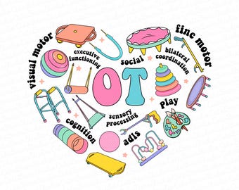 May include: A colourful illustration of a heart with the word "LOT" in the centre. The heart is surrounded by various images of toys and tools used in occupational therapy, including a walker, a swing, a trampoline, a paint palette, and a stacking toy. The words "visual motor", "fine motor", "social", "executive functioning", "cognition", "sensory processing", "bilateral coordination", "play", and "ADLs" are written around the heart.