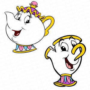 Op de afbeelding: Twee cartoon theekopjes met gezichten. Het theekopje links is geel met een paarse en roze deksel. Het theekopje rechts is geel met een gebroken rand.