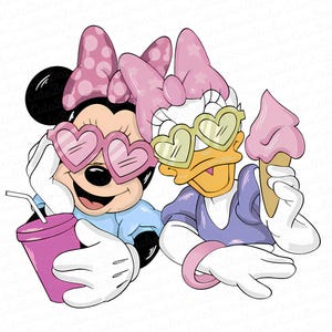 May include: A cartoon illustration of Minnie Mouse and Daisy Duck wearing sunglasses. Minnie Mouse is holding a pink drink, and Daisy Duck is holding a pink ice cream cone. Both characters are smiling and wearing bows.