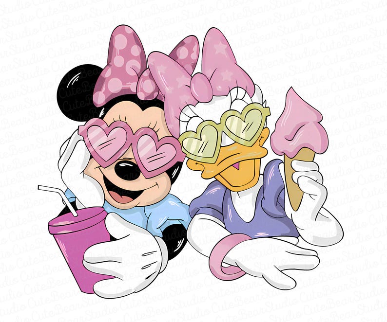 May include: A cartoon illustration of Minnie Mouse and Daisy Duck wearing sunglasses. Minnie Mouse is holding a pink drink, and Daisy Duck is holding a pink ice cream cone. Both characters are smiling and wearing bows.