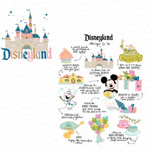 Puede incluir: Una ilustración colorida de Disneyland con una lista de cosas que hacer, incluyendo Mickey's House, Dole Whip, Frozen Live y el Night Parade. La ilustración presenta el Castillo de la Bella Durmiente, Mickey Mouse y un churro.
