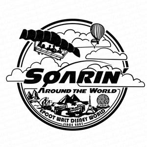 May include: Black and white illustration of a ride called "Soarin' Around the World" at Epcot Walt Disney World. The ride features a hang glider soaring through the air with a view of landmarks from around the world. The text "Since 2005" is also included.