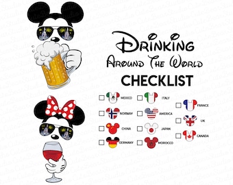 Mickey Beer Minnie Wine Front and Back PNG, Epcot Drinking Around The World Png, Drinking Around the world checklist, Mouse Couple Png