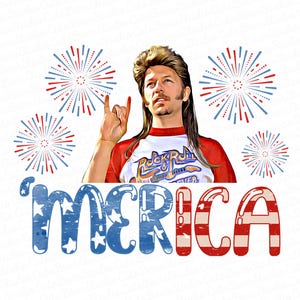 May include: A digital illustration of a man with long blonde hair wearing a red and white shirt with the words "Rock & Roll Forever" on it. He is giving a rock and roll hand gesture. The background is white with red, white, and blue fireworks. The word "MERICA" is written in large, red, white, and blue letters with stars.