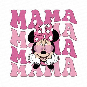 May include: Pink and white graphic with the word "MAMA" repeated four times in a retro font. A cartoon image of Minnie Mouse wearing pink heart-shaped sunglasses is in the center of the graphic.