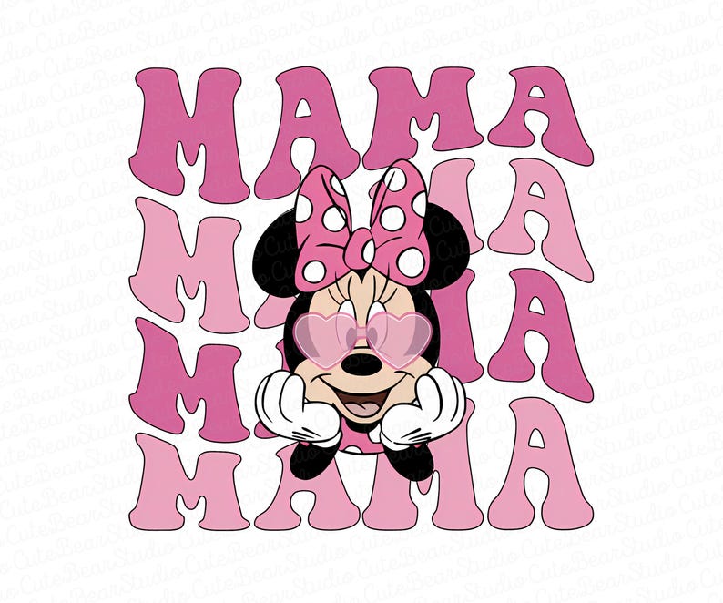 May include: Pink and white graphic with the word "MAMA" repeated four times in a retro font. A cartoon image of Minnie Mouse wearing pink heart-shaped sunglasses is in the center of the graphic.