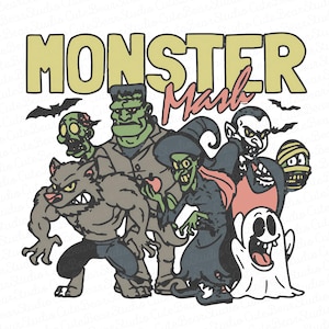 May include: A cartoon illustration of various Halloween monsters, including a werewolf, Frankenstein's monster, a zombie, a vampire, a mummy, a witch, and a ghost. The words "Monster Mash" are written across the top in a retro style.